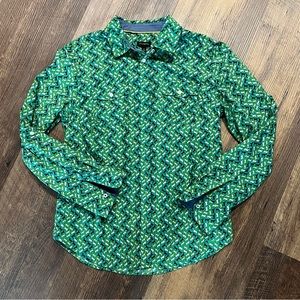 Talbots long sleeve button down womens sz 8 green blue white horses equestrian